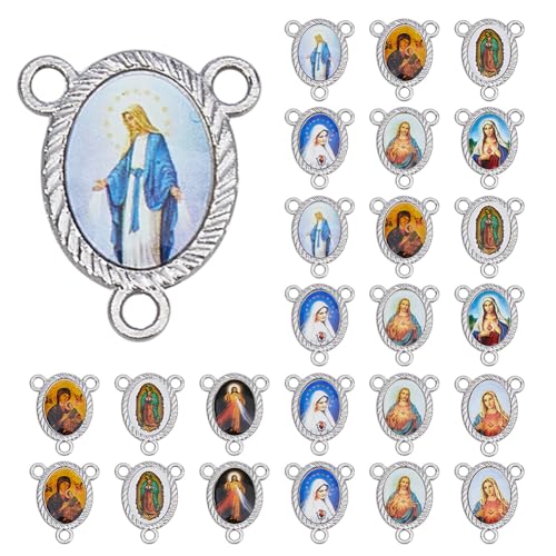 DICOSMETIC 30 piezas de conectores de la Virgen María, medalla ovalada, aleación religiosa, dije de Nuestra Señora, Rosario de Jesús, conexión de rosario para hacer joyas, pulseras, collares
