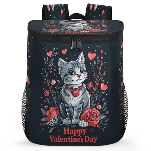 CNNINGYI Large Waterproof Insulated Cooler Backpack, Valentine's Day Leak Proof Backpack 30 Cans, Cute Cat Spring Floral Love Lightweight Cooler Bag for 12h Hot/Cold Retention