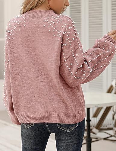 Image of Blooming Jelly Women's Chunky Sweater Crewneck Sweatshirt Knit Lantern Sleeve Oversized Pullover Sweater with Pearls