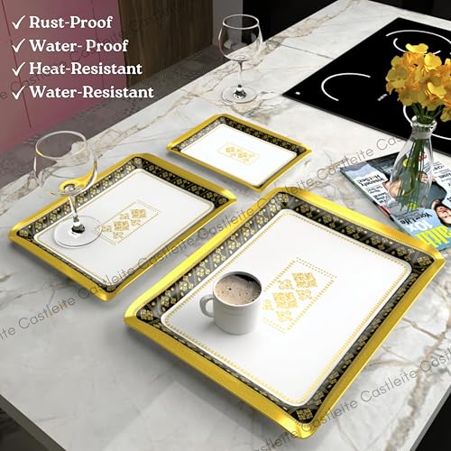 Image of Castleite Valencia Series Melamine Trays Set of 3 with Handles for Serving Snacks or Tea - A Designer Tray Medley for Home or Cafe Use (Soriana)