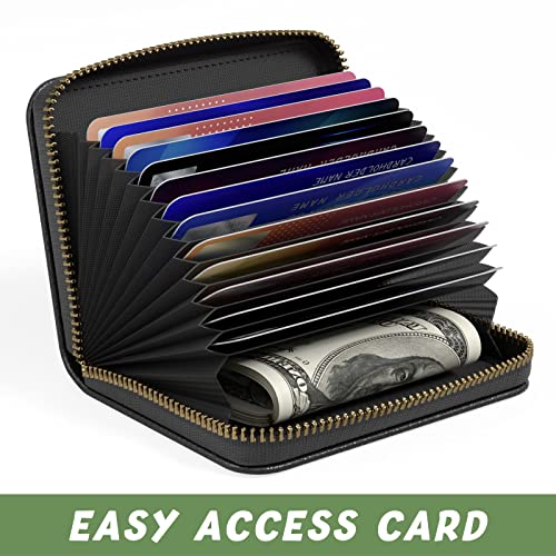 Image of Aiawoxc Credit Card Holder for Women, Small RFID Wallet Slim Leather Business Card Organizer Case with Zipper and Keychain, Black