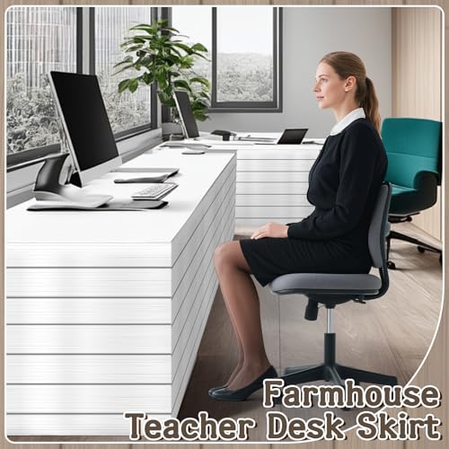 Image of 9FT White Shiplap Table Skirt Teacher Desk Skirt Classroom Table Cover for Back to School Decor Rectangle Tablecloth for Farm Birthday Party Decorations Home Dorm Office Bookcase Cabinet Shelf