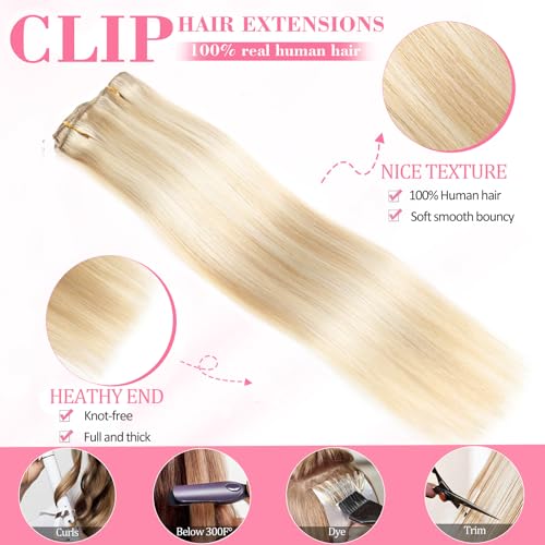 Image of Clip in Hair Extensions Real Human Hair, Human hair Clip ins Extensions | Seamless Invisible Human Hair Extensions Clip ins Straight 8Pcs Double Weft Dark Blonde Highlight Bleach Blonde 24 inch 120g