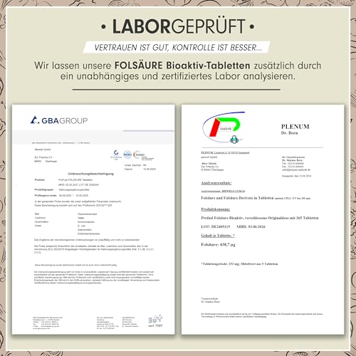 Folsäure BIOAKTIV 400µg - 365 Folsäure Tabletten mit Biofolate® L-5-MTHF Folsäure - optimal hochdosiert für Kinderwunsch & Schwangerschaft - laborgeprüft mit Zertifikat - 100% vegan - Jahresvorrat