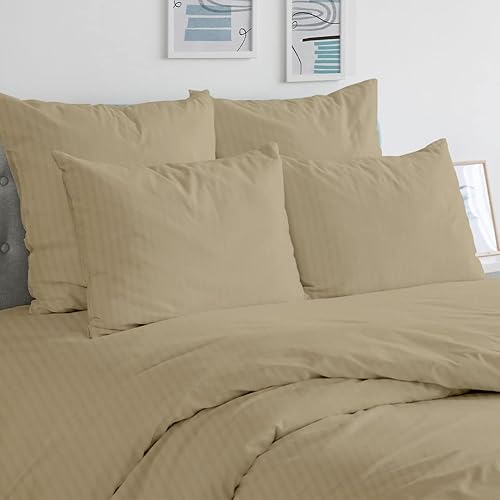 Sunday Home Juego de sábanas de 400 hilos tamaño individual de 100 % algodón a rayas damasco, 4 piezas, ultra suave, tejido satinado, de fibra