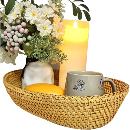 i-lan High Wall Natural Wicker Woven Bread Serving Basket Handwoven Natural Rattan Food Fruit Oblong Basket Restaurant Wicker Oval Serving Bowl,15