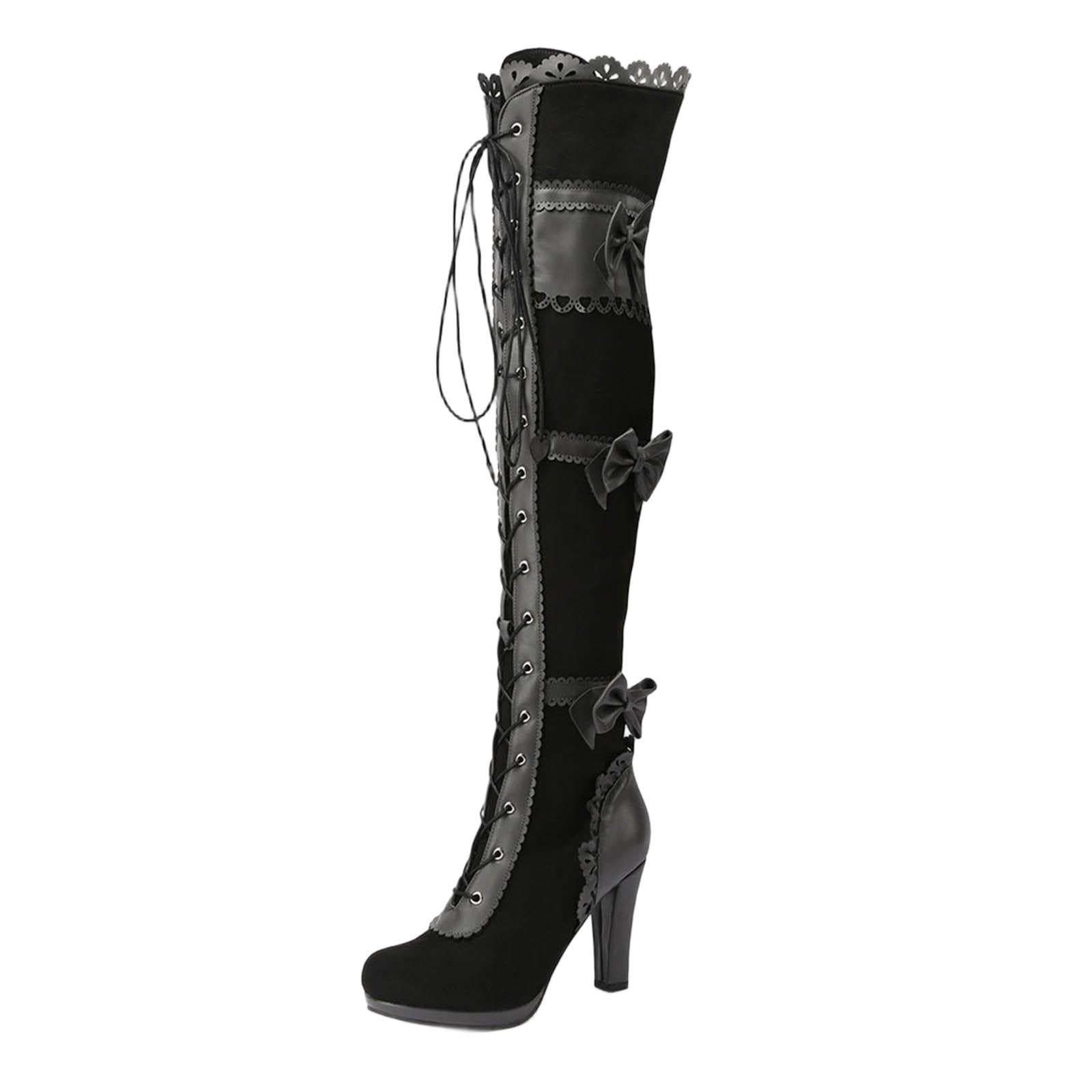Cuissardes Femme en Simili Cuir, Nœud et Laçage, Zip Latéral, Talon Haut