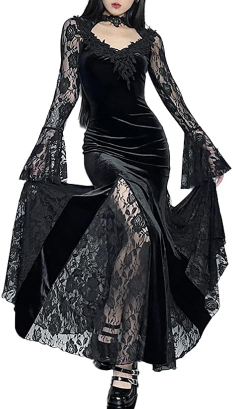 LANSHULAN Gothic Slim Lace Contract Fishtail Long Goth Dress Clothes