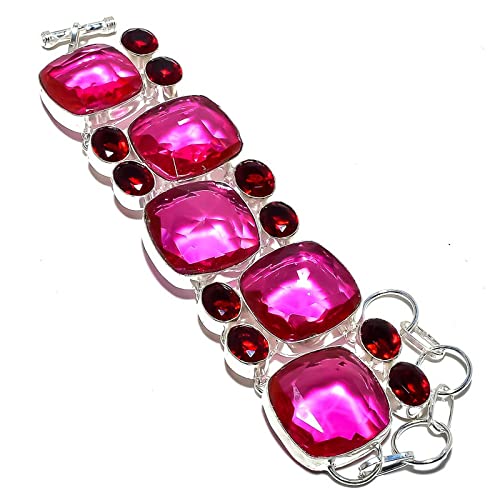 Bracelet en argent fait main avec topaze rose et quartz grenat précieux