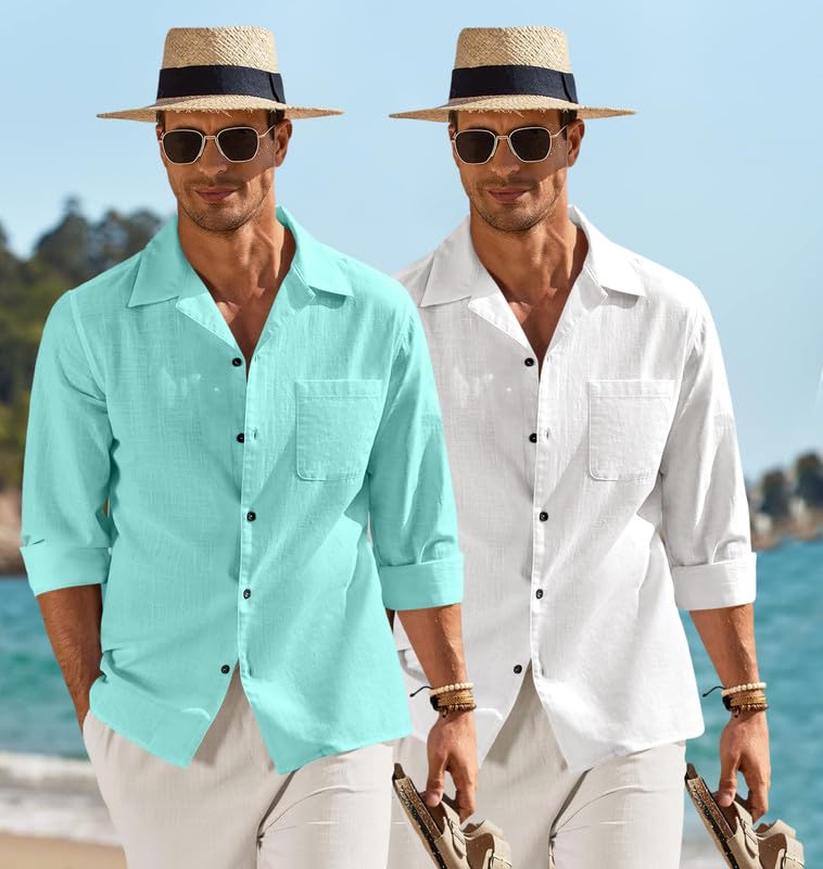 Image of Combo of Men's Casual Cotton Blend Shirt || Long Sleeve Button Down with Spread Collar | Lightweight Breathable Fabric | Stylish Solid Shirt for Beach, Office & Everyday Wear Pack of 2