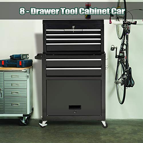 8 Drawers Large Space Capacity Rolling Tool Chest, 2 in 1 Mobile Lockable Drawers Steel Tool Box Cabinet and Storage Organizer Cart with Wheels, Toolbox Combo for Workshop Garage (Black)