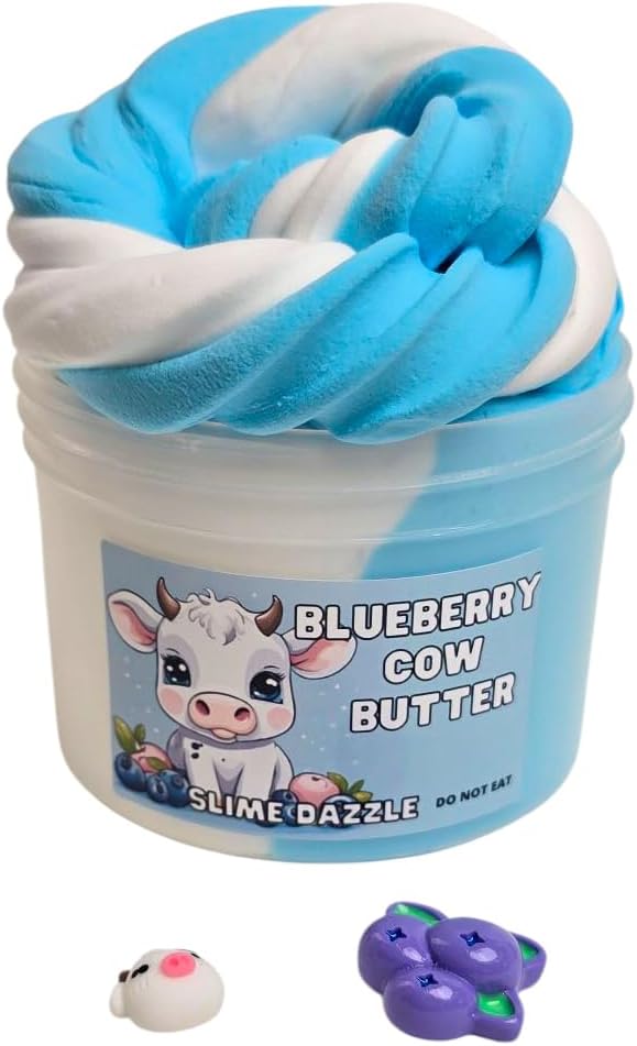Blueberry Cow Butter Slime 8 oz – Soft Butter Slime with Blueberry Vanilla Scent – Includes Cow & Blueberry Charms – Beginner-Friendly Non-Sticky Sensory Slime Toy Made in USA