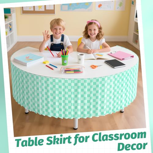 Image of 9FT Green Checkered Table Skirt Ruffle Colorful Teacher Desk Skirts for Classroom Decorations Rectangle Table Cover Skirt for Back to School Party Supplies Kindergarten Office Dorm Bookcase Cabinet