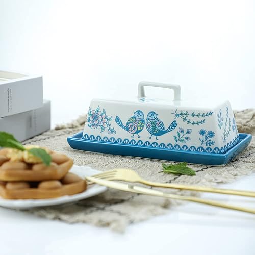 Miniatura 4 de Sizikato Mantequillera de porcelana con tapa, patrón de flores azules y pájaros, 7.5 pulgadas
