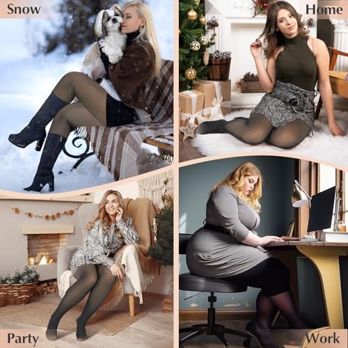 Image of Black Plus Size Fleece Lined Tights for Women Fake Translucent Pantyhose Warm Winter Thick Sheer Thermal Leggings