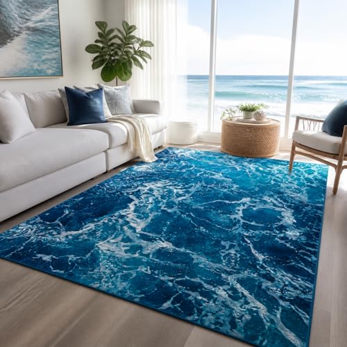 9CH Ocean Beach Area Rug 5x7 Blue Sea Waves Soft Area Rugs Non-Slip Coastal Carpet Mat for Living Dining Room Bedroom