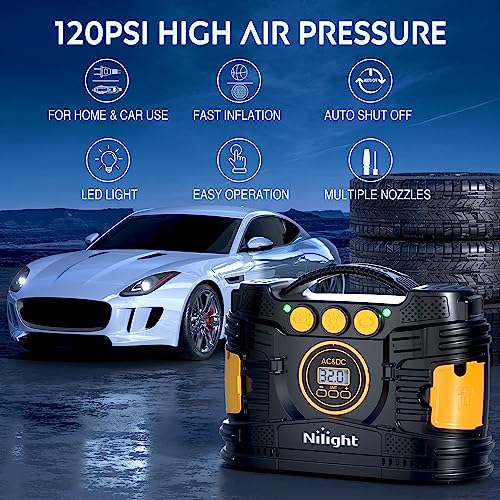 Image of Nilight Tire Inflator Portable Air Compressor Dual Power for Car 12V DC and Home 110V AC Tires Pump Pressure Gauge Fast Inflate Auto Shutoff for Cars SUV Motorcycle Bicycle