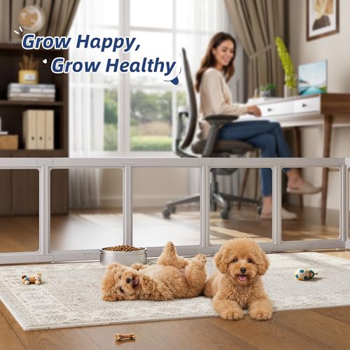 Image of Clear Acrylic Dog Playpen Indoor, Puppy Cat Small Pet Play Pen, Pet Cat Playpen for Rabbits, Dog Fence Crate Kennel Whelping Cage (Grey, 12 Panel)