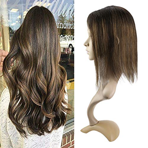 VeSunny Brown Hair Toppers Human Hair Clip in Topper Extensions For Women Balayage Darkest Brown Mix Medium Brown 5x5inch Mono Base Toupee For Women 10inch