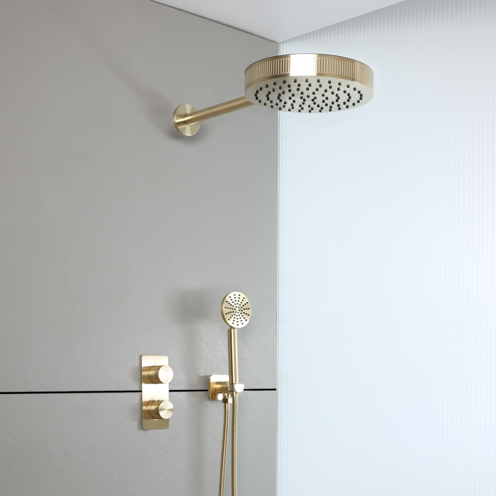 Milano Brushed Brass Thermostatic Mixer Valve 250Mm Shower Head Handset