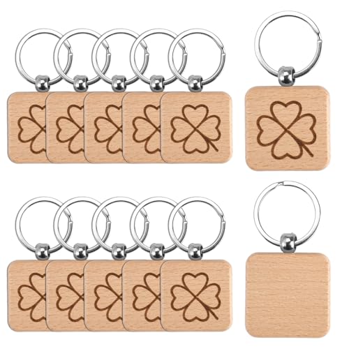 Lot de 12 Porte-clés en Bois Trèfle Porte-bonheur, Schlüsselanhänger Holz, Porte Clés Bois Trèfle à Quatre Feuilles, pour Peindre, Clés, Sac à Main,...
