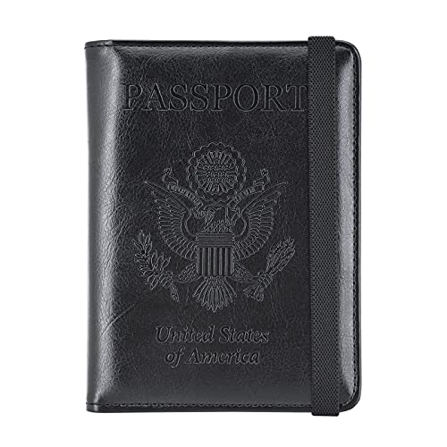 KINGMAS Passport Holder Cover, Vaccine Card Holder RFID Blocking Travel Passport Wallet Leather Case for School Bussiness Trip Travel and Go Abroad (Black, Elastic Band)