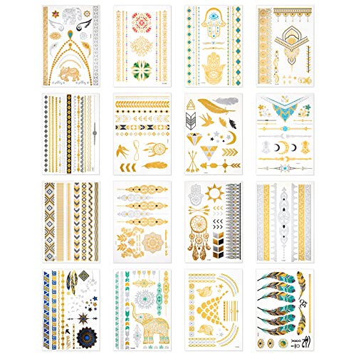 Tatuajes Temporales Metálicos 16 Hojas Dorado Tatoos Faciales Pegatina Impermeable Tatuajes Falsos para Mujeres y Niñas Cover