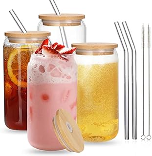UHAPEER 4 Pack Can Glasses with Bamboo Lids and Glass Straws. 550 ml/19 oz Can Shaped Beer Glasses, Iced Coffee Glasses Cups, Clear Drinking Glass Cups for Cocktail, Beer, Coke, Soda, Water, Wine