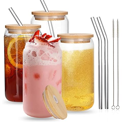 UHAPEER 4 Pack Can Glasses with Bamboo Lids and Glass Straws. 550 ml/19 oz Can Shaped Beer Glasses, Iced Coffee Glasses Cups, Clear Drinking Glass Cups for Cocktail, Beer, Coke, Soda, Water, Wine Cover