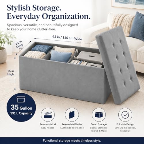 Image of ALASDO 43 Inch Folding Storage Ottoman Bench with Hidden Storage, Velvet Storage Ottoman Foot Rest Stool, End of Bed Bench for Bedroom, Living Room, Entryway and Closet, Dark Gray