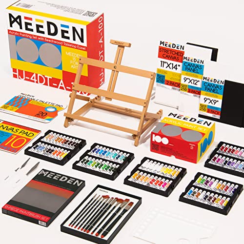MEEDEN 125 Pcs Acrylic Painting Set [2022 Release] with Wood Tabletop Easel, 100 Acrylic Paints Set, Brushes, Canvas Panels, Art Painting Supplies, Acrylic Painting kit for Adults, Beginner, Artists