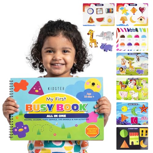 Image of Kidster Busy Binder Book for Toddlers 1-3 Years, Educational Learning Toys for 3 Year Old, Montessori Preschool Activity Book, 16 Pages 44 Velcro Pieces, Shapes Colours Animals, Kids Gift Boys Girls