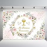 MEHOFOND Girl Baptism Backdrop Mexican Mi Primera Communion Christening Gold Glitter Floral God Bless Banner First Holy Communion Photography Background Photobooth Baby Shower Studio Props 7x5ft