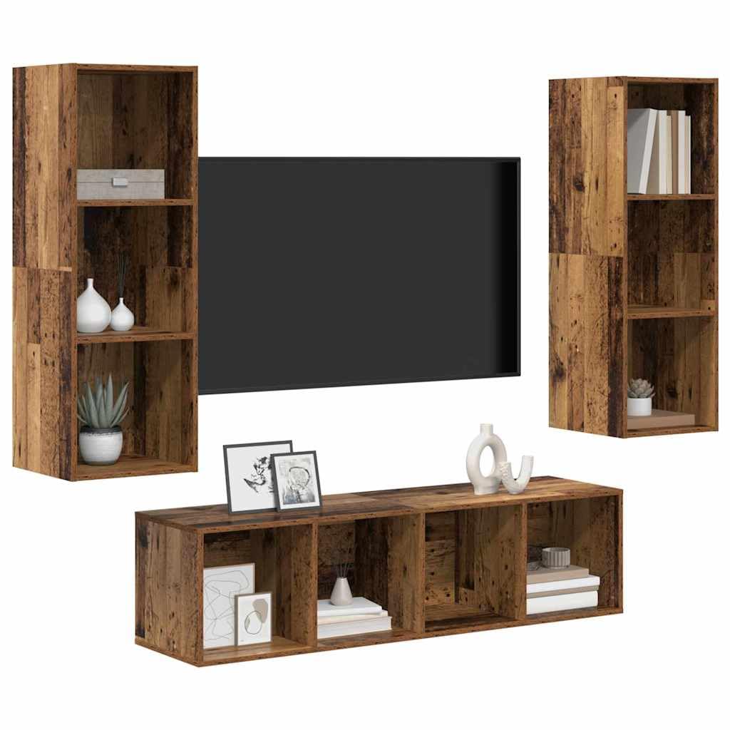 Set 3 Mobili TV da Parete Legno Ingegnerizzato Legno Vecchio | Consolle sospesa salvaspazio per soggiorno con 10 scomparti interni, ideale per riordinare console e accessori.