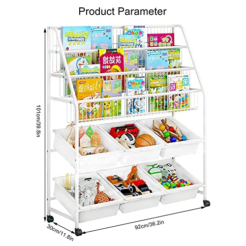 Moamun Kids Bookshelf And Toy Storage Organizer, 3 Tier Bookshelf & 6 Storage Bins On Wheels, 2-In-1 Book Display Shelf And Toy Storage Box (White) #TOP1
