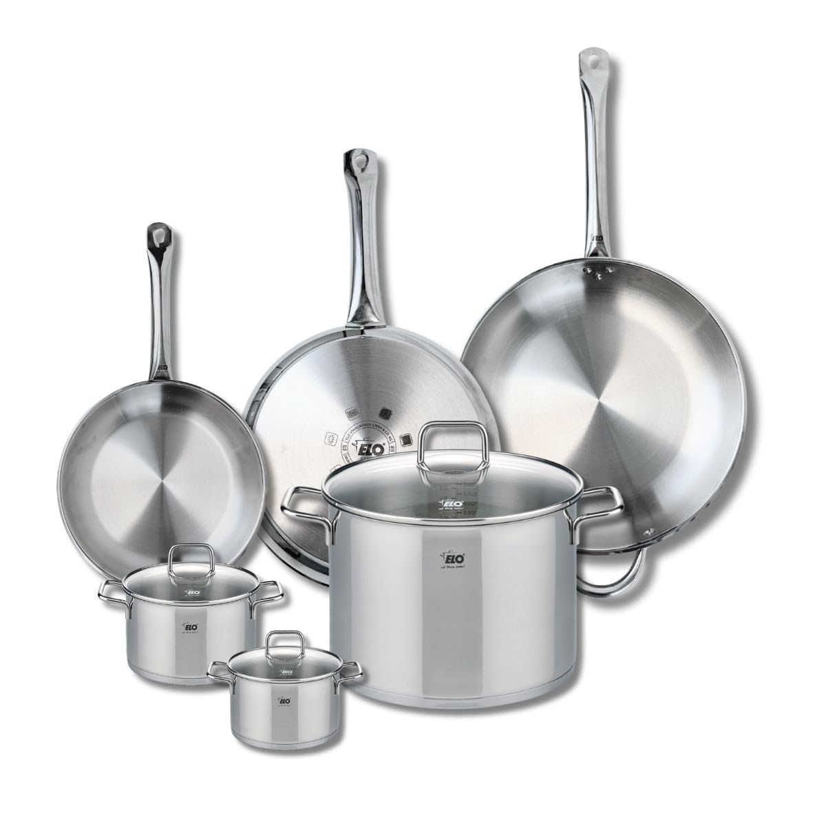ELO 9512550 Naczynia kuchenne 6 sztuk, zestaw 3 patelni 24, 28 i 32 cm i 3 garnków 12, 14 i 26 cm Elo Profi Citrin, stal nierdzewna, indukcyjna