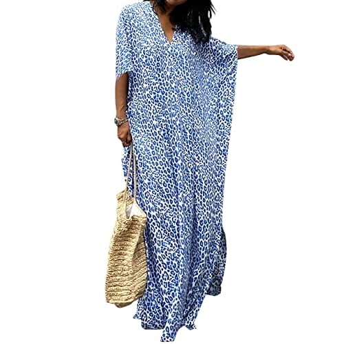 Bsubseach Beach Kaftan Dresses Women Button Down Long Rayon Caftan Swim Cover Up Muumuu Dress Oversized Coverups With Pockets Leopard Blue One Size