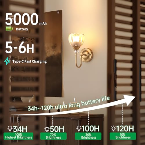 Image of Set of 2 Vintage Battery Operated Wall Sconce, Rechargeable Wall Lamp with 5000mAh Battery & Remote Control, Dimmable Wall Lights with tulip shade for Bedroom Bathroom Living Room, (Tulip Amber Up)