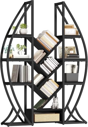DWVO Oval Bookshelf, Triple Wide 5 Tier Etagere Bookcase, Industrial Display Shelves for Living Room, Bedroom, Home Office, Black