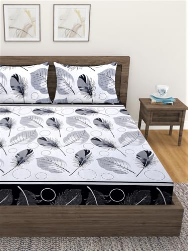 Image of Fashion String Microfibre Leaf Print Corner Elastic Fitted Double Bedsheet (72x78 Inches) with 2 Pillow Covers