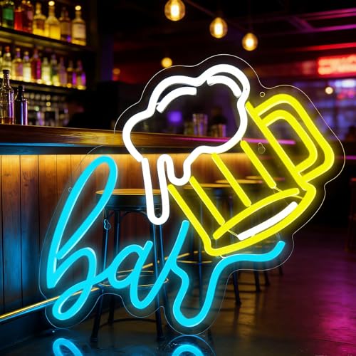 Image of Beer Bar Neon Sign, LED beer Light Up Bar Sign for Home party& pub Bar Decor, 5-Level Dimmable Funny Bar Signs for Man Cave, Business Neon Open Signs for Bars & Wall(14.8 inch*12.2 inch)