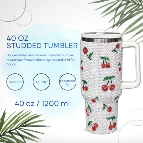 Image of 40 Oz Rhinestone Studded Tumbler with Handle Straw and Lid, Insulated Stainless Steel Double Layer Water Bottle for Women, Reusable Travel Coffee Mug (1200ml) Cherry