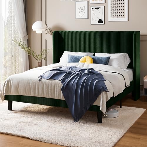 Image of Allewie Full Size Platform Bed with Corduroy Wingback Headboard, Green | 800 lb Capacity, Corduroy Wingback Headboard, Vertical Channel Design, Wood Slat Support, No Box Spring Needed, Easy Assembly