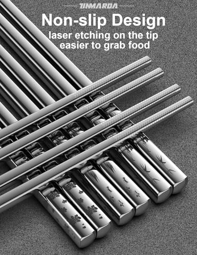 Image of Metal Chopsticks Reusable 18 /8 Stainless Steel Sleek Engraving Patterns Chop Sticks Reusable Dishwasher Safe Non-Slip Chopsticks+Flower Silver 5 Pairs