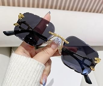 Rimless Diamond Cut Trendy Retro Hip Hop Tint Lens Sun Glasses Frameless Rectangle Sunglasses For Men and Women