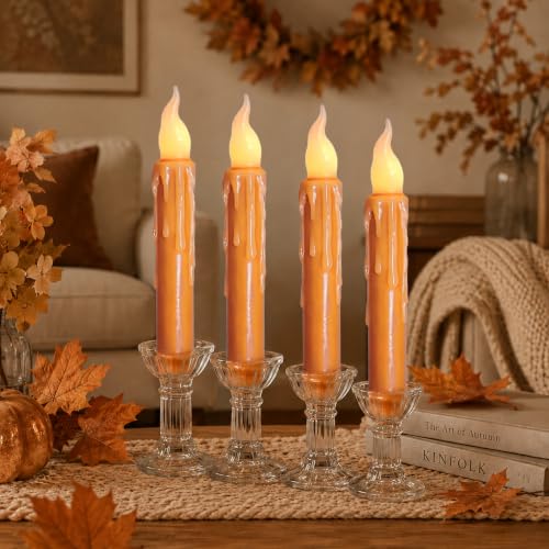 Image of Real Wax LED Flameless Fall Short Taper Candles with Remote, 6.7 Inches Orange Candlesticks, Dripless Battery Operated Flame Rustic Primitive Flameless Lights Fall Decor, Pack of 2