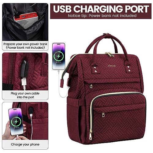 Image of LOVEVOOK Laptop Backpack for Women,15.6 Inch Professional Womens Travel Backpack Purse Computer Laptop Bag Nurse Teacher Backpack,Waterproof Work Bags Carry on Back Pack with USB Port,Wine Red Plait