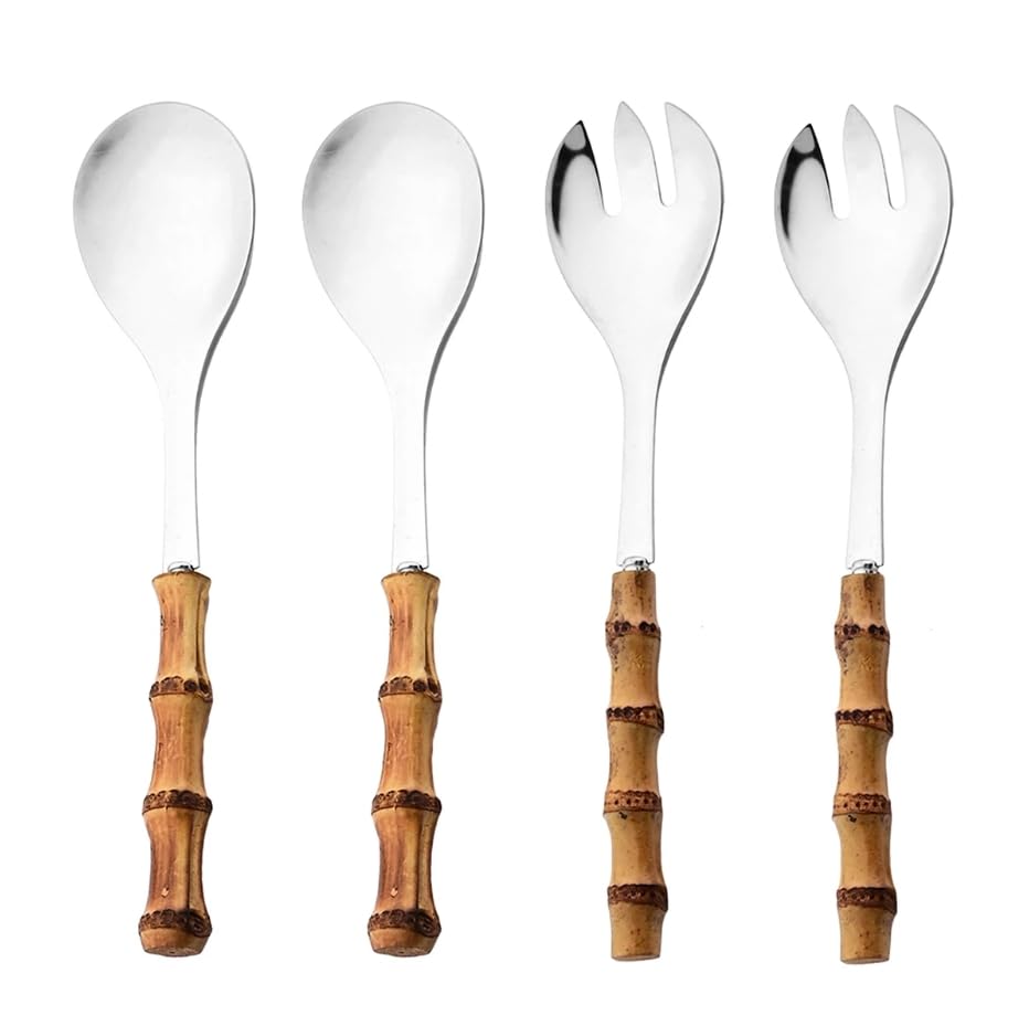 Juego de 4 cucharas y tenedores de ensalada, cuchara de servir de mango largo, tenedor, mango de madera de bambú, vajilla de cocina de acero inoxidable para mezclar frutas, pasta, ensalada, juego de