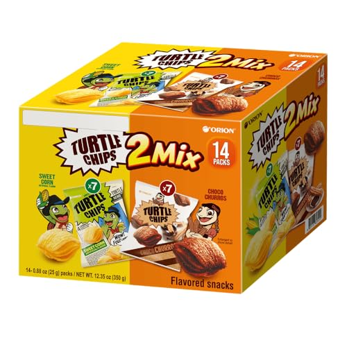 BOX OF LIFE Orion Turtle Chips 2 Mix Gift Box (Sweet Corn & Choco Churro Flavor), 14 Pack (12.35oz / 350g) – Korean Crunchy Layered Chips, Sweet & Savory Variety Pack