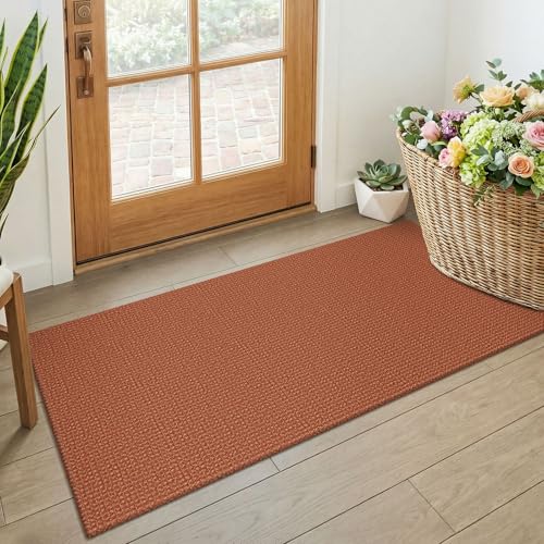 KOZYFLY Orange 2x4 Entry Runner Rug, Small Washable Runners for Entryway, Non Slip Door Mat Indoor Entrance, Front Porch Carpet for Foyer, Kitchen, Bedroom, Bathroom, Burnt Orange/Tan